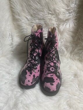 Mata Pink & Black calf hair Lace-Up Boots Lug sole SZ11